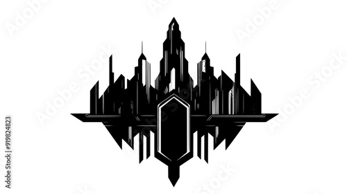 Crystalline palace with angular, reflective surfaces and a central tower, vector illustration art