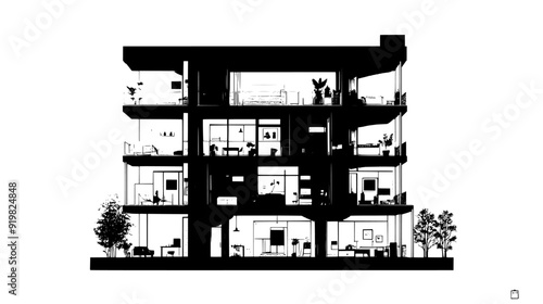 Cutaway of an apartment building, revealing living units, balconies, and common areas, vector illustration art