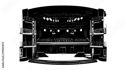 Cutaway of a theater, depicting the stage, audience seating, and backstage areas, vector illustration art