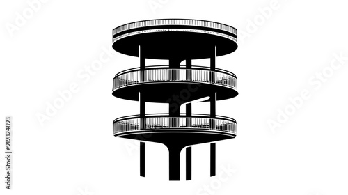 Cylindrical structure with concentric, offset rings, featuring multiple open-air platforms and viewing decks, vector illustration art