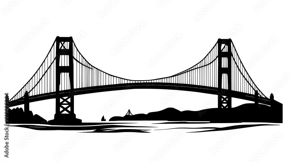 Fototapeta premium Depiction of the Golden Gate Bridge with its two towers, suspension cables, and roadway, vector illustration art