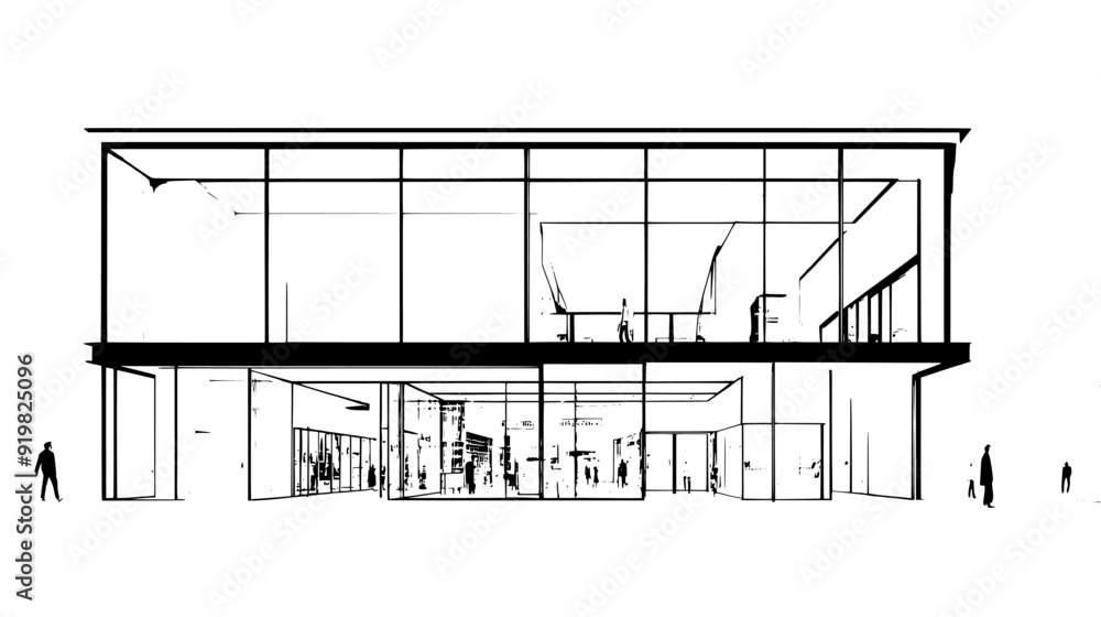 Multiple Store Drawing Multi-story shopping mall render with large glass storefronts and ...