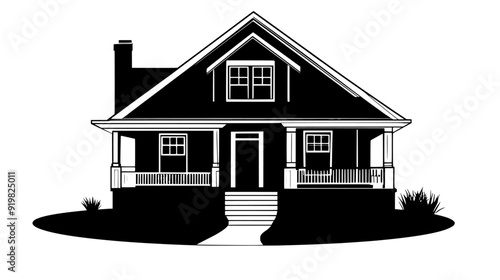 Detached single-family house with a gabled roof, front porch, and surrounding lawn, vector illustration art