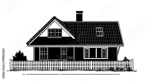 Detached house with a gabled roof, a fenced backyard, and a garden shed at the rear, vector illustration art