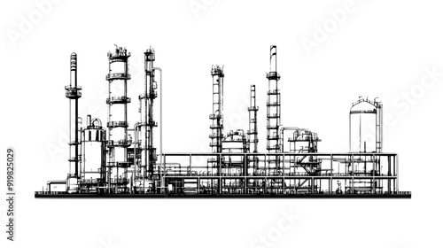 Detailed depiction of a chemical plant with reactors, storage tanks, and extensive piping systems, vector illustration art