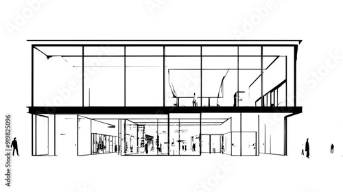 Multi-story shopping mall render with large glass storefronts and entryways, vector illustration art