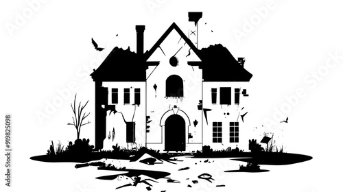 Deteriorating mansion with a collapsed façade, shattered windows, and debris scattered, vector illustration art