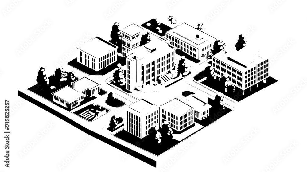 Obraz premium Digital model of a university campus with various buildings, green spaces, and pedestrian pathways, vector illustration art