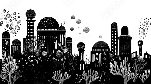Underwater city with domed structures and coral-like designs, vector illustration art