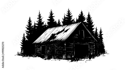 Dilapidated wooden cabin with a sagging roof and missing planks, surrounded by forest, vector illustration art