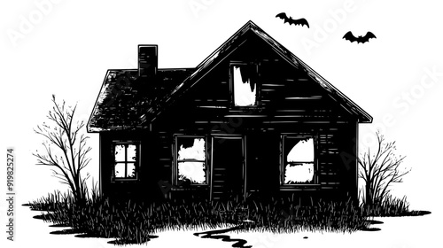 Dilapidated house with sagging roof, boarded-up windows, and neglected yard, vector illustration art