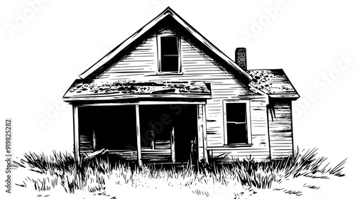 Dilapidated house with sagging roof, boarded-up windows, and neglected yard, vector illustration art