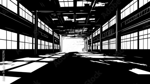 Disused factory with large empty halls, exposed beams, and rusting metal structures, vector illustration art