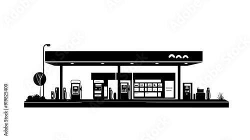 Gas station with a service station, fueling pumps, and a convenience store, vector illustration art
