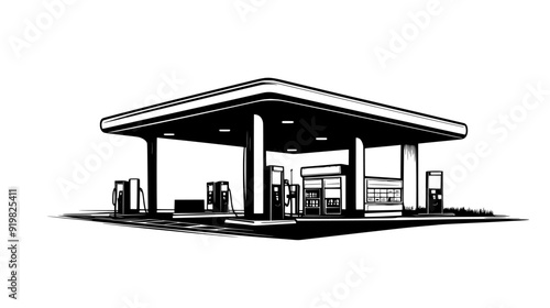 Gas station with a service station, fueling pumps, and a convenience store, vector illustration art