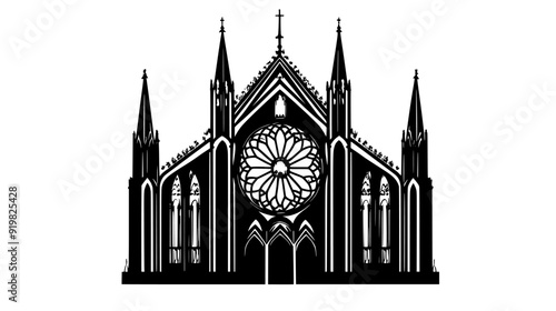 Gothic cathedral with flying buttresses, tall pointed arches, and a large rose window, vector illustration art