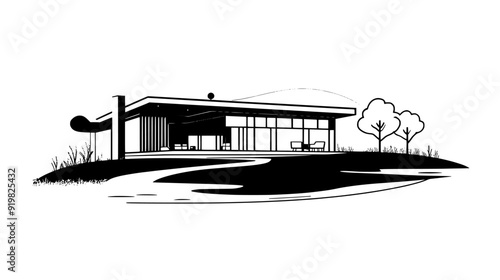 Golf clubhouse with an expansive terrace overlooking a manicured golf course, vector illustration art