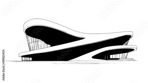 Futuristic office building with an undulating facade and spacious atrium, vector illustration art
