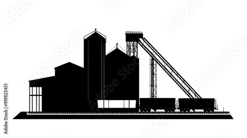 Grain elevator with multiple storage bins, adjacent to railway tracks for transportation, vector illustration art