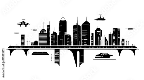 Futuristic cityscape with high-tech buildings, skybridges, and advanced transportation systems, vector illustration art