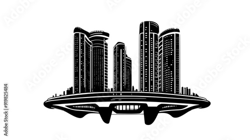 Futuristic residential complex with multiple towers connected by elevated walkways, vector illustration art