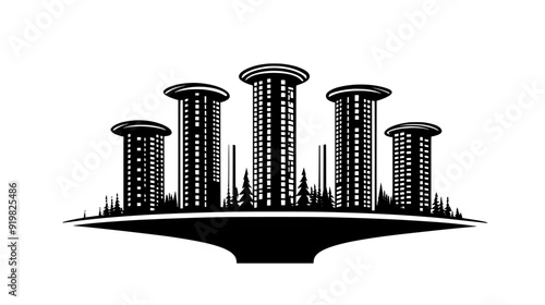 Futuristic residential complex with multiple towers connected by elevated walkways, vector illustration art