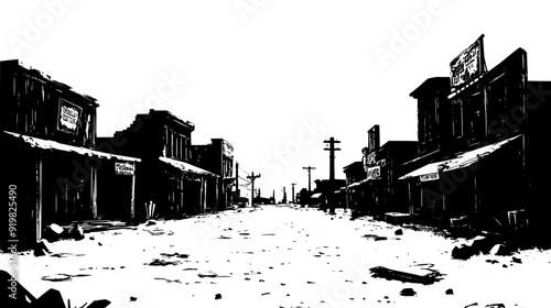 Ghost town with abandoned buildings, empty streets, and remnants of old signage, vector illustration art