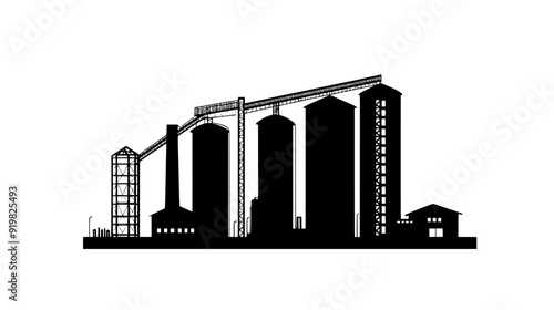 Grain silo complex with multiple tall cylindrical structures, conveyor systems, and storage buildings nearby, vector illustration art