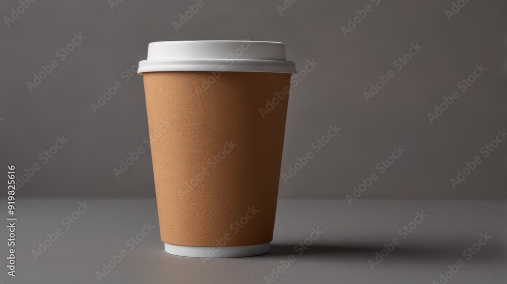 Coffee cup made of beige cardboard with a white lid on a light gray background Coffee cup made of beige cardboard with a white lid on a light gray background