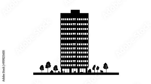 High-rise building with ground-floor retail spaces and upper office floors, vector illustration art