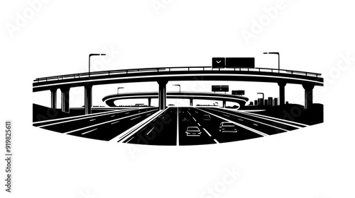 Highway interchange with multiple lanes, overpasses, and directional signage for drivers, vector illustration art