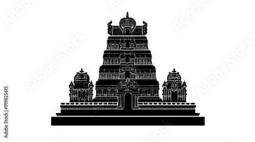 Hindu temple with a towering gopuram and intricately carved sculptures, vector illustration art