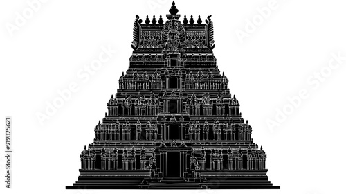 Hindu temple with a towering gopuram and intricately carved sculptures, vector illustration art