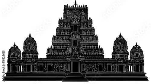 Hindu temple with a towering gopuram and intricately carved sculptures, vector illustration art