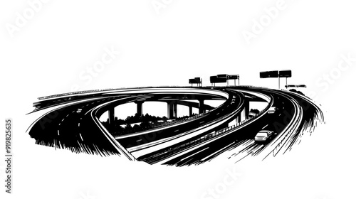 Highway interchange with multiple lanes, overpasses, and directional signage for drivers, vector illustration art