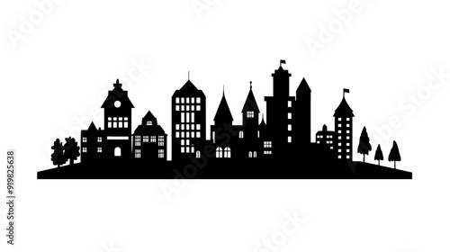 Historic castle in modern urban setting with buildings and trees, vector illustration art