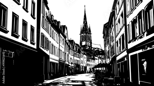 Historic city center with narrow streets, densely packed buildings, and prominent cathedral in the distance, vector illustration art