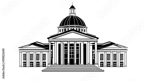 Historic courthouse with a dome and classical architectural elements, vector illustration art