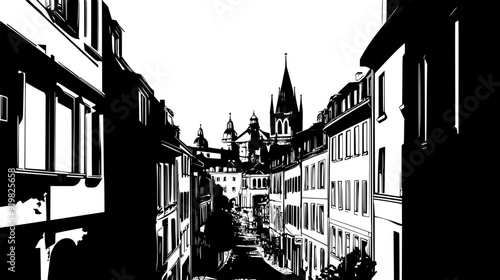 Historic city center with narrow streets, densely packed buildings, and prominent cathedral in the distance, vector illustration art