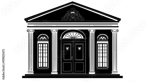 Historic structure with traditional architectural elements and large wooden doors, vector illustration art