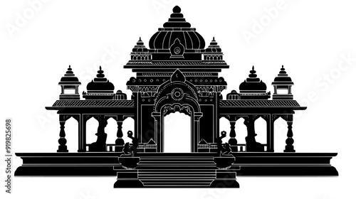 Jain temple with detailed stone carvings and central sanctum, vector illustration art