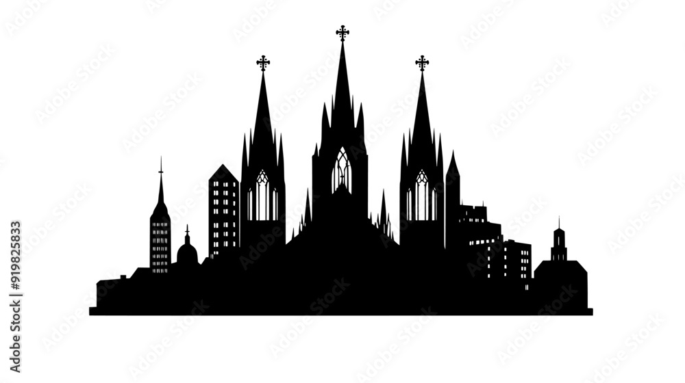 Large cathedral with multiple spires, set within an urban area, surrounded by other buildings, vector illustration art Large cathedral with multiple spires, set within an urban area, surrounded by other buildings, vector illustration art