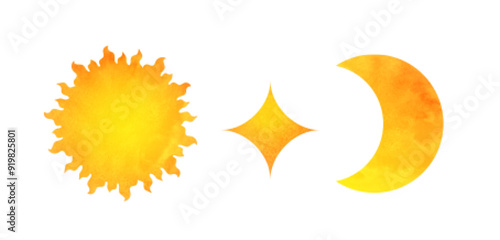 Vector Sun Moon  and star set. Shapes silhouettes of star, Moon, sun with watercolor texture, isolated on white background.