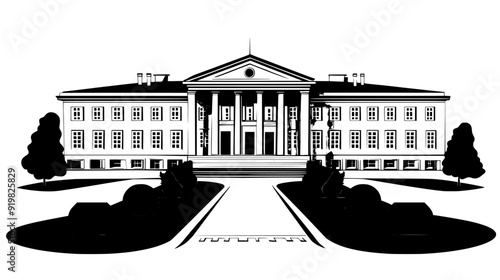 Large building with a wide entrance, flanked by tall pillars, and a flat roof, vector illustration art