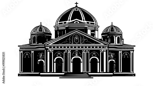 Large basilica with broad central nave, expansive roof, and decorative elements, vector illustration art