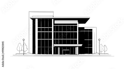 Large commercial building with expansive glass windows and a main entrance, vector illustration art