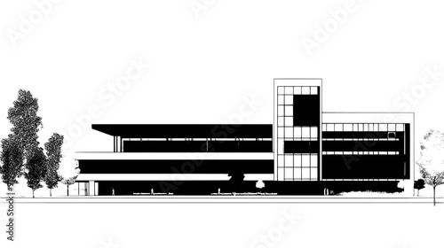 Large campus building with interconnected sections and a central atrium visible through glass walls, vector illustration art