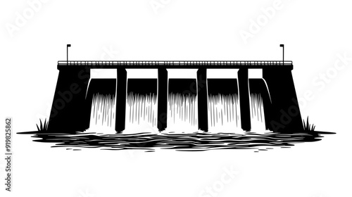 Large dam with water flowing over spillways, controlling river flow, vector illustration art
