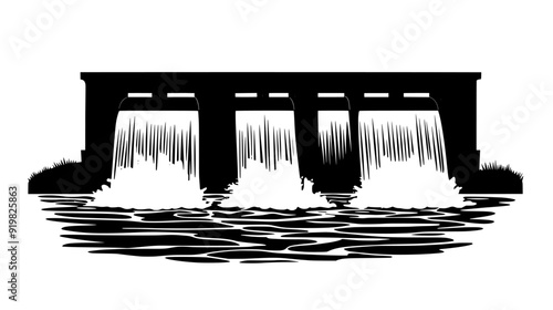 Large dam with water flowing over spillways, controlling river flow, vector illustration art