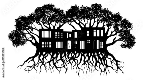 Large, forested building with roots and branches forming pathways, vector illustration art